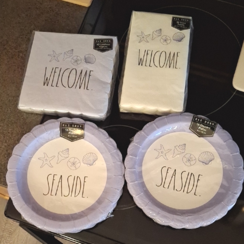 NEW Rae Dunn Seaside and Welcome Paper Plates and Napkins Set - White and Purple